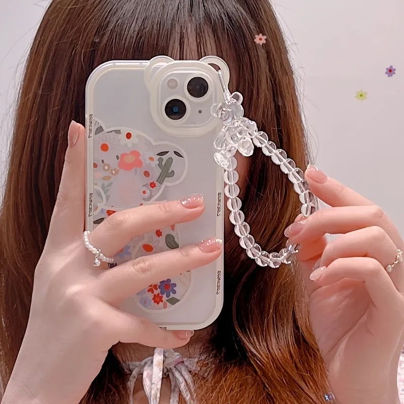 Cute Cartoon 3D Bear Ear Flower Transparent Hang Phone Chain Silicone Case