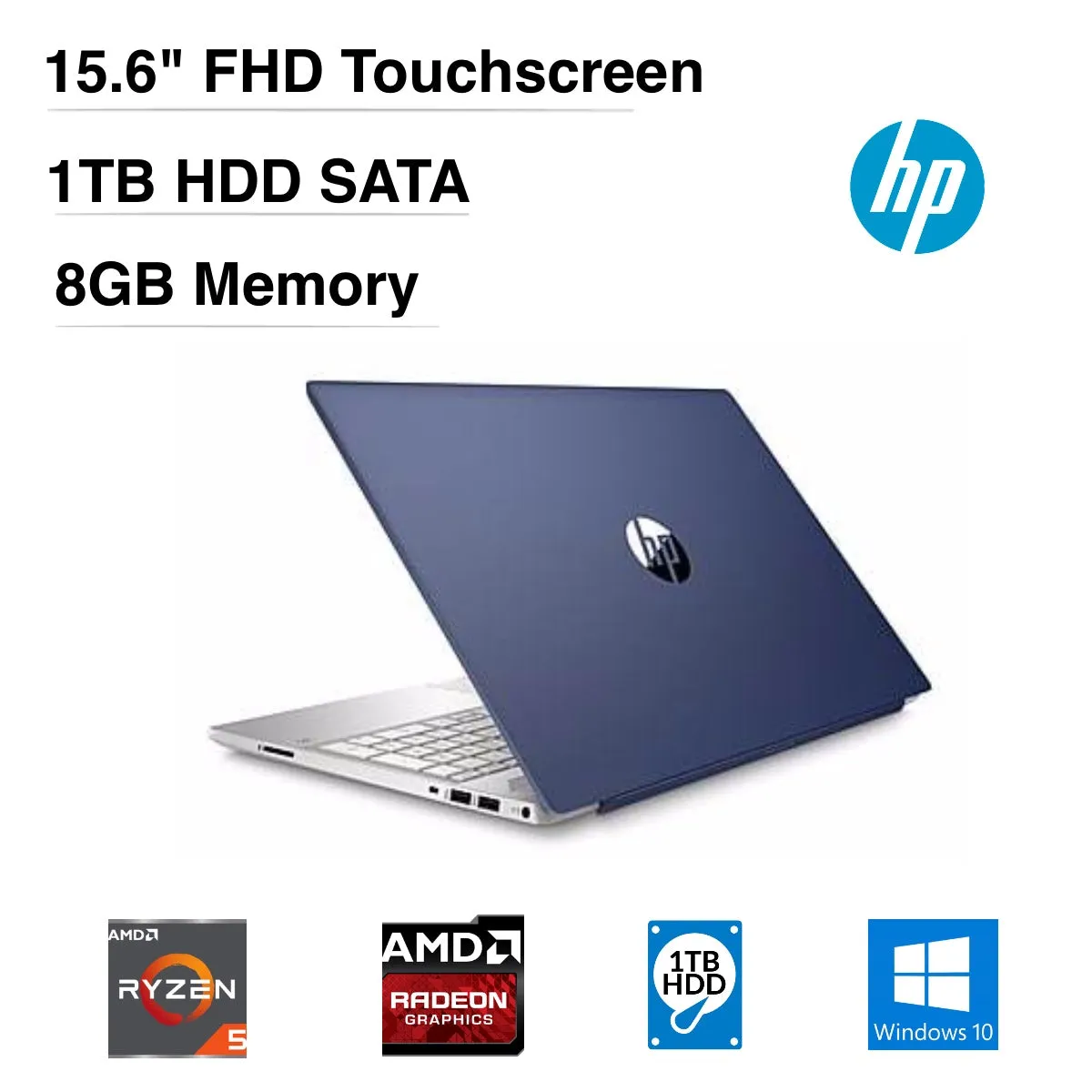 HP Pavilion 15-cw0000 15.6" FHD (Touchscreen) Notebook, AMD Ryzen 5 2500U, 2.0GHz, 8GB RAM, 1TB HDD, Windows 10 Home 64Bit, Sapphire Blue- 6GK29U8#ABA