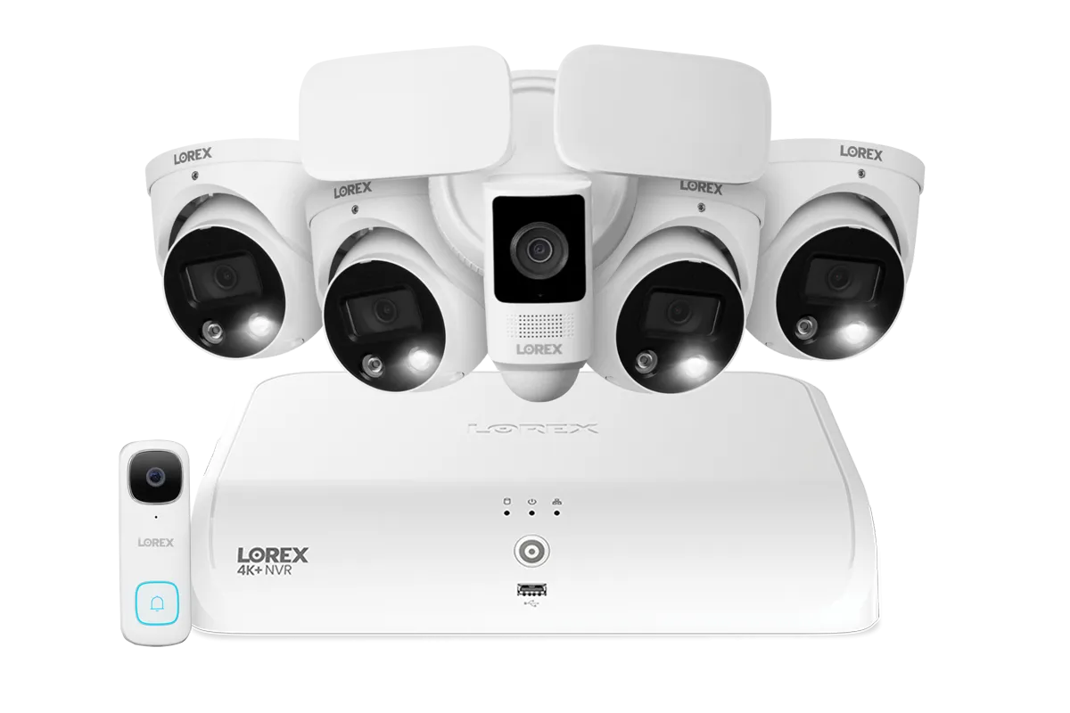 Lorex Fusion 4K  16 Channel (8 Wired   8 Fusion Wi-Fi) 2TB NVR System with Four H13 Wired 4K IP Dome Cameras, One 2K Wired Doorbell, and One 2K Floodlight