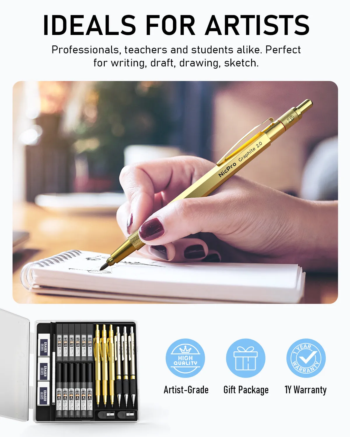 Nicpro Gold Mechanical Pencils Set, 3 PCS Metal Drafting Pencil 0.5 mm & 0.7 mm & 0.9 mm & 3 PCS 2mm Graphite Lead Holder (2B HB 2H) For Writing, Sketching Drawing With 12 Tube Lead Refills Case