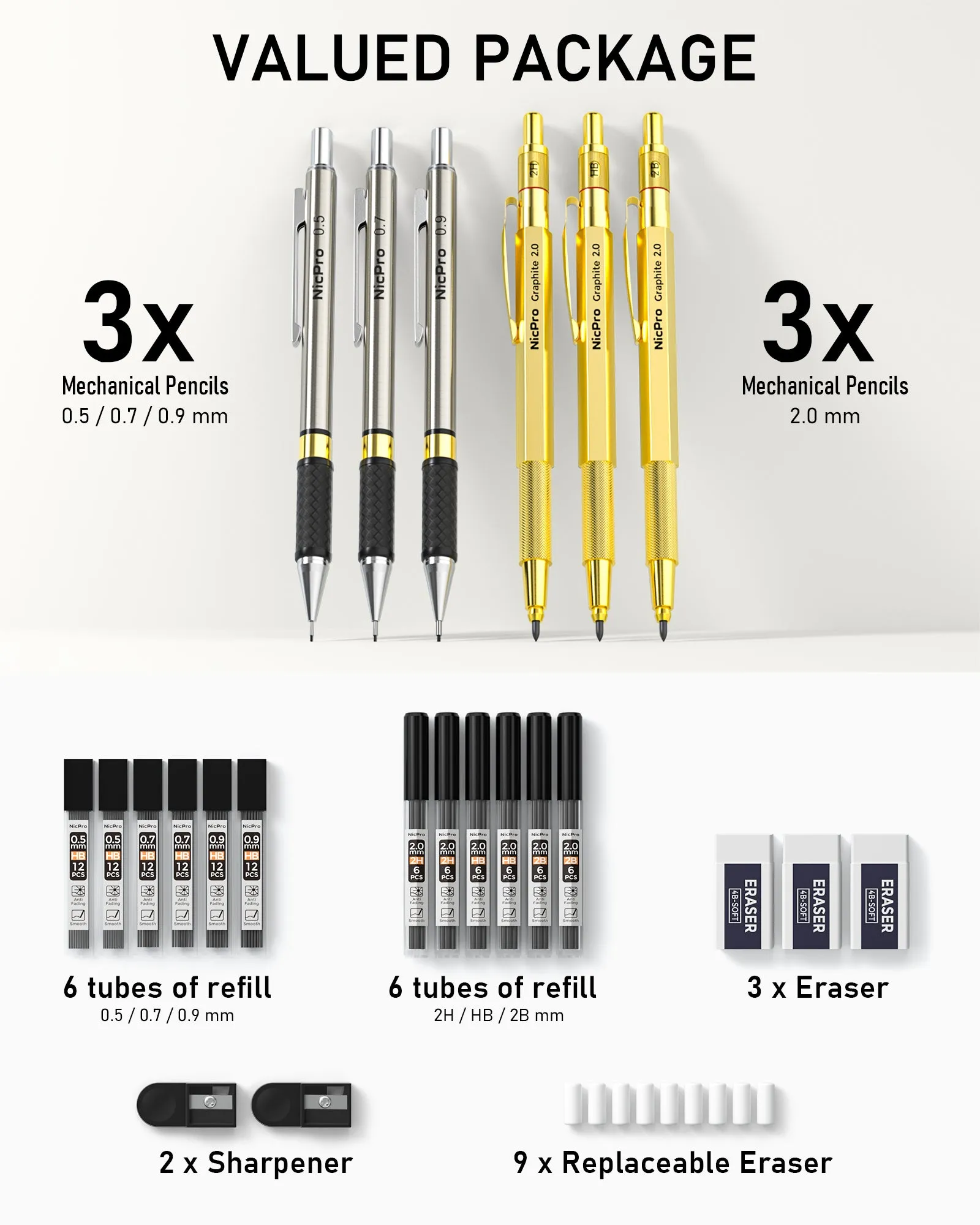 Nicpro Gold Mechanical Pencils Set, 3 PCS Metal Drafting Pencil 0.5 mm & 0.7 mm & 0.9 mm & 3 PCS 2mm Graphite Lead Holder (2B HB 2H) For Writing, Sketching Drawing With 12 Tube Lead Refills Case