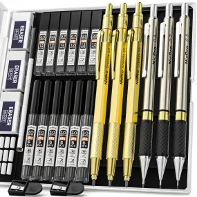 Nicpro Gold Mechanical Pencils Set, 3 PCS Metal Drafting Pencil 0.5 mm & 0.7 mm & 0.9 mm & 3 PCS 2mm Graphite Lead Holder (2B HB 2H) For Writing, Sketching Drawing With 12 Tube Lead Refills Case