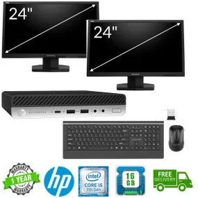 Office Ready!!  HP EliteDesk Tiny PC i5 3.2GHz 16GB 256GB WIN 10 Pro 2X 24" LCD WIFI OFFICE 365