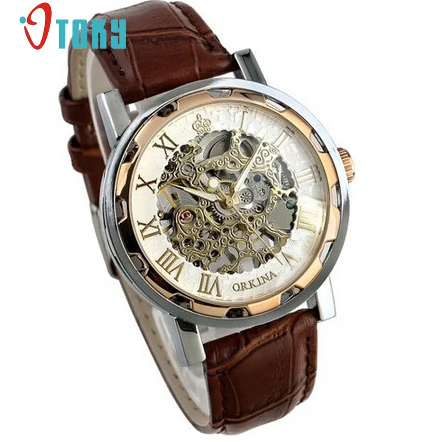 OTOKY Luxury Mans Leather Band Stainless Skeleton Mechanical Wrist Watch relogio masculino #30 Gift 1pc