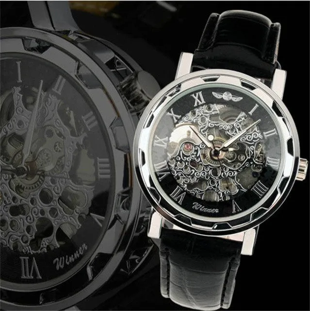 OTOKY orologio sportivo Mens Black Leather Black Dial Skeleton Mechanical Sport Wrist Watch #30 Gift 1pc