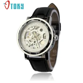 OTOKY orologio sportivo Mens Black Leather Black Dial Skeleton Mechanical Sport Wrist Watch #30 Gift 1pc