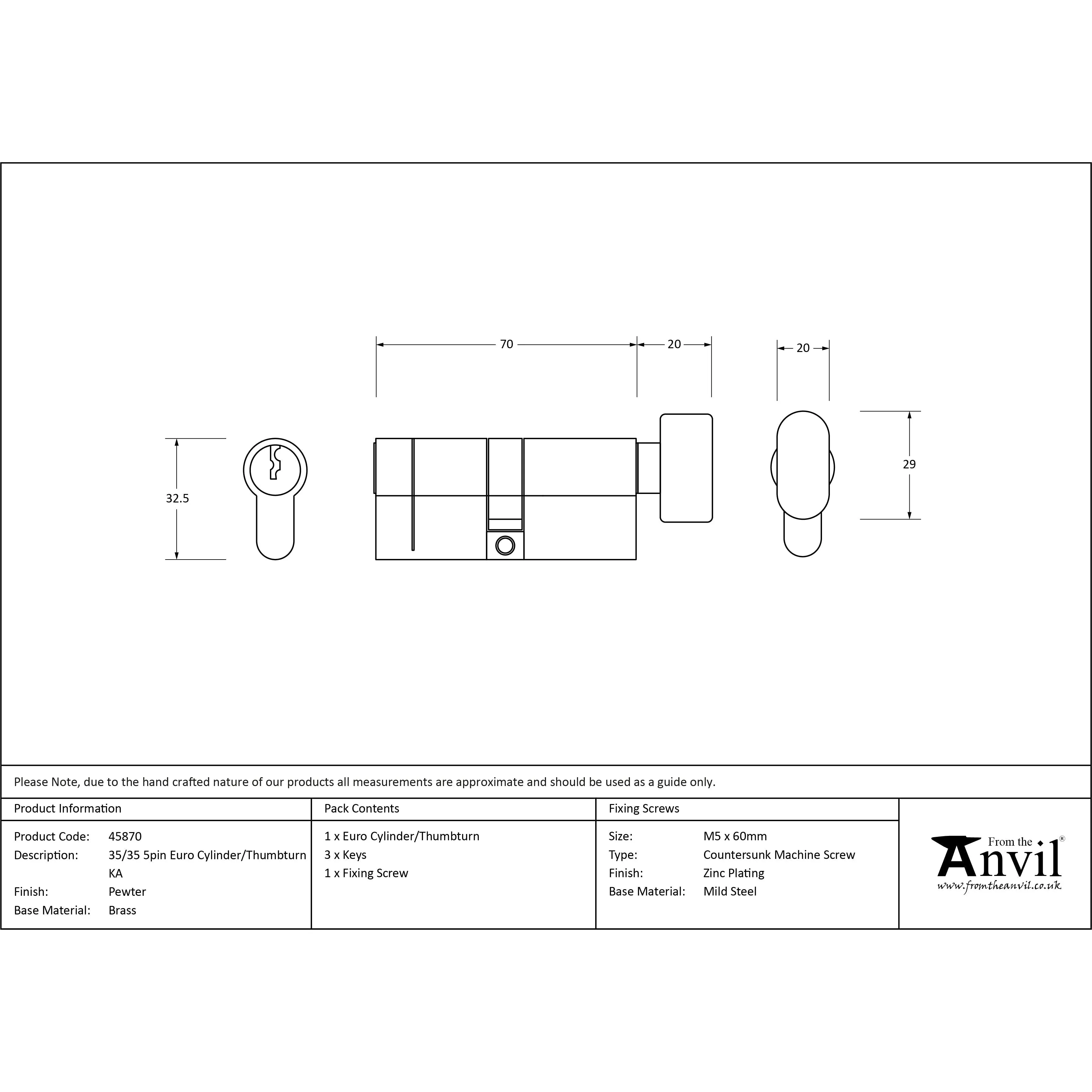 Pewter 35/35 5pin Euro Cylinder/Thumbturn KA | From The Anvil