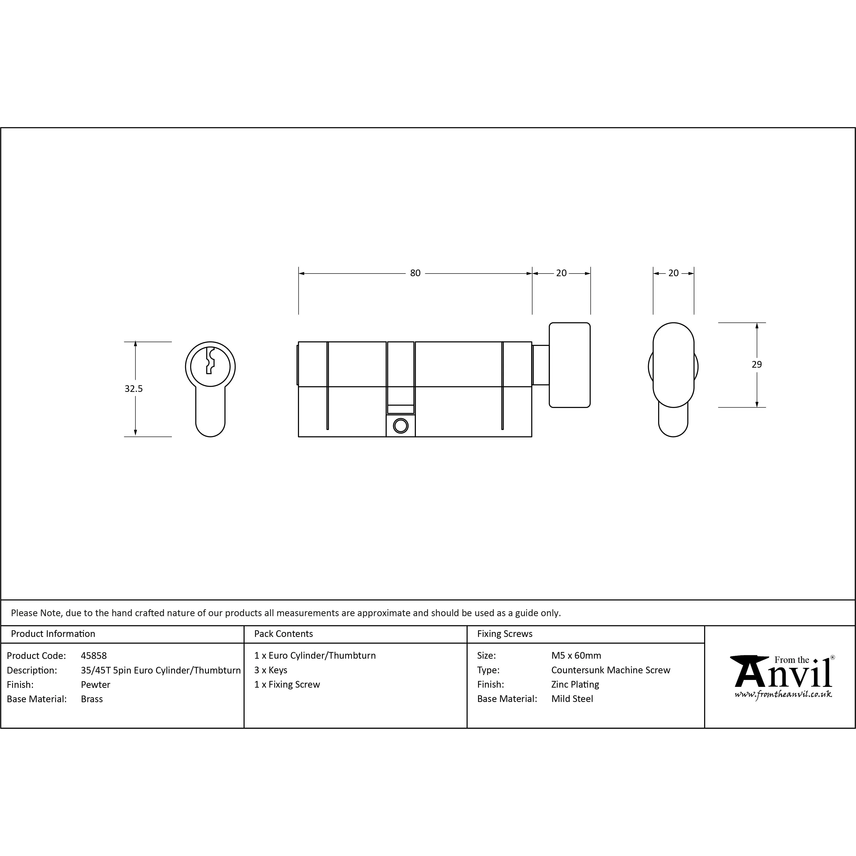 Pewter 35/45T 5pin Euro Cylinder/Thumbturn | From The Anvil