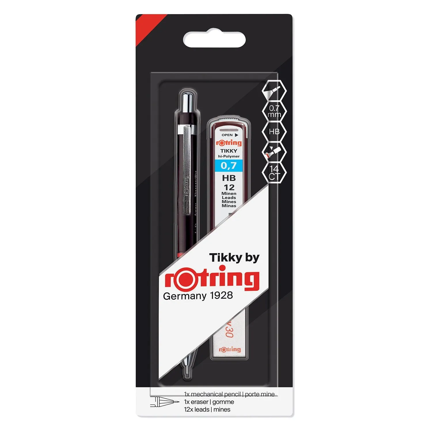 Rotring Tikky Black Barrel 0.5 & 0.7mm Mechanical Pencil, Spare Leads and Eraser