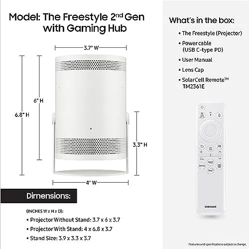 SAMSUNG 30” - 100” The Freestyle 2nd Gen with Gaming Hub Smart Portable Projector, FHD, HDR, Big Screen Home Theater Experience, 360 Sound, SP-LFF3CLAXXZA, 2023 Model