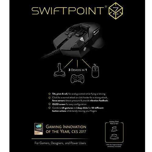 Swiftpoint Z Gaming Mouse, 13 Programmable Buttons, 5 with Pressure Sensors, Analog Joystick Control for FPS Peeking and Flying, 12K DPI, OLED RGB MMO, Black