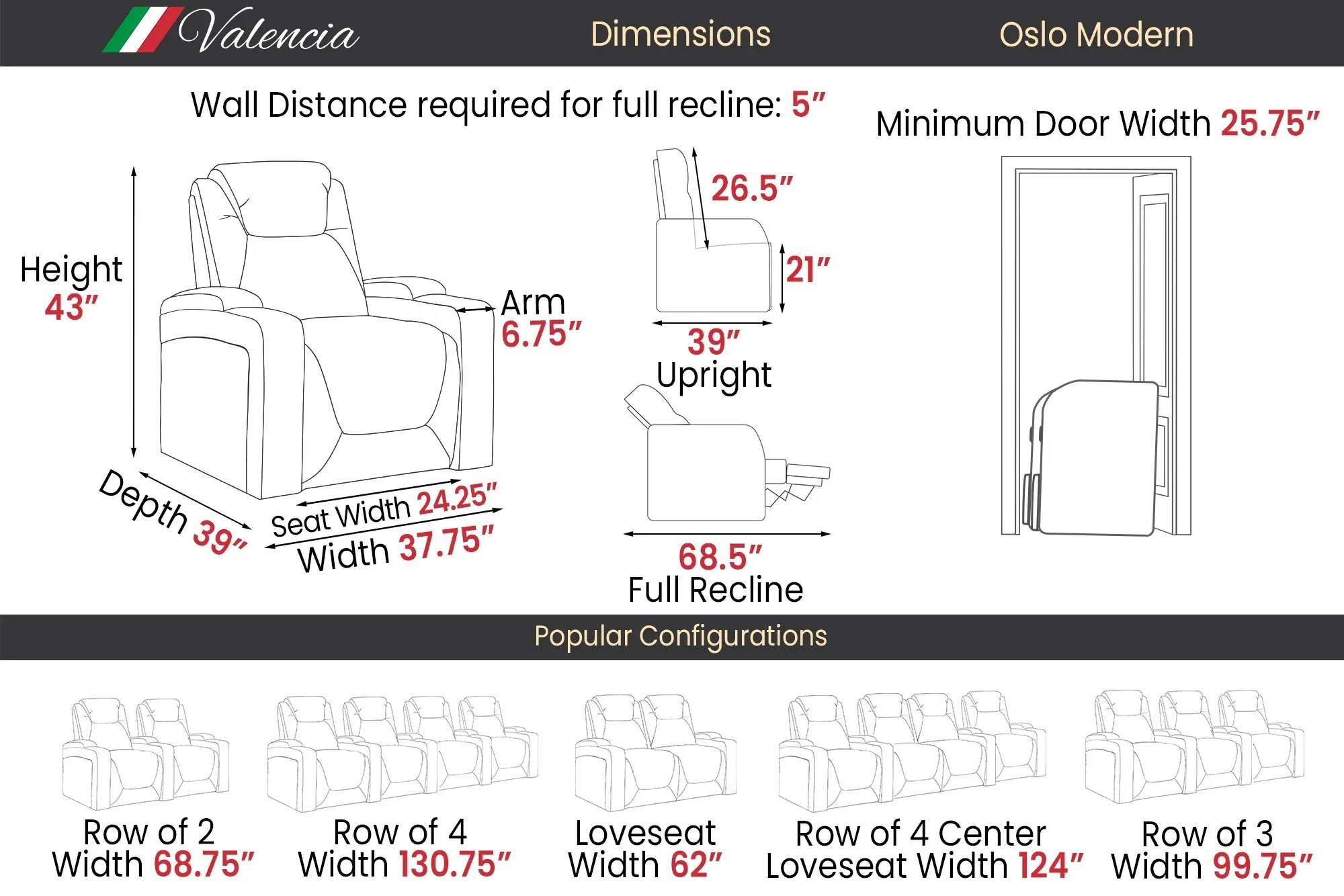 Valencia Oslo Modern Home Theater Seating Row of 3 Loveseat Left, Midnight Black