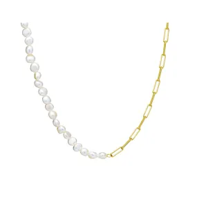 Yellow Gold Plated Oblong Paperlink And Pearl Necklace