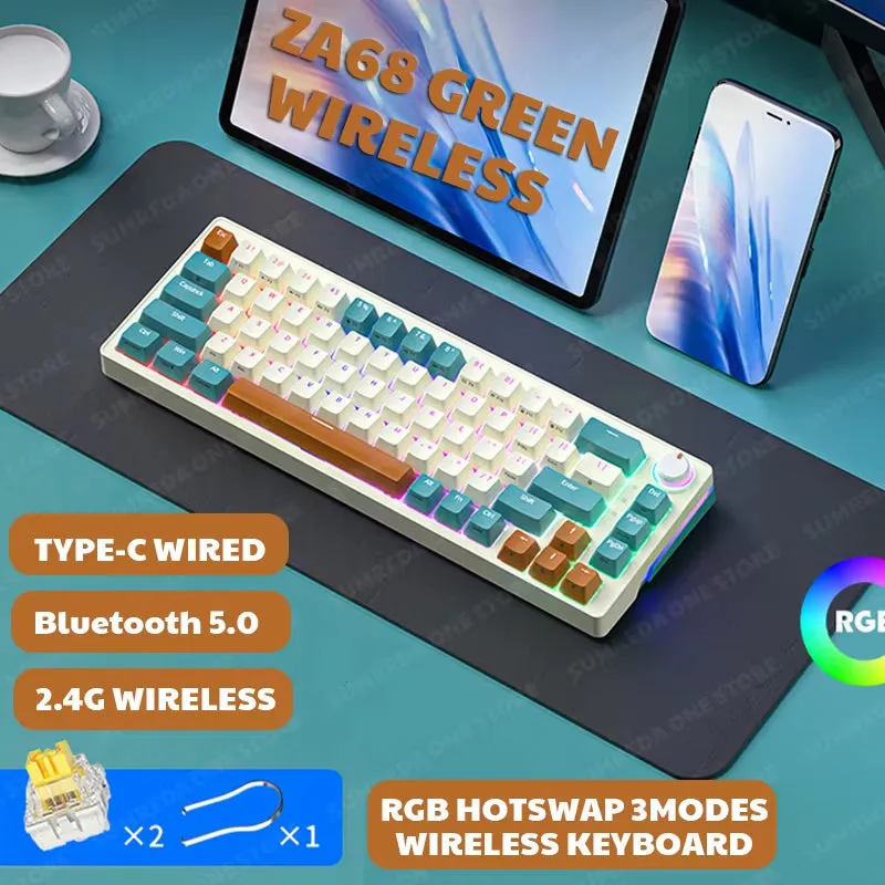 ZA68 Wireless Gamers Mechanical Keyboard 2.4G Bluetooth TYPE-C Wired 3-Mode Gaming Keyboard Hotswap RGB Backlit 68 Keys