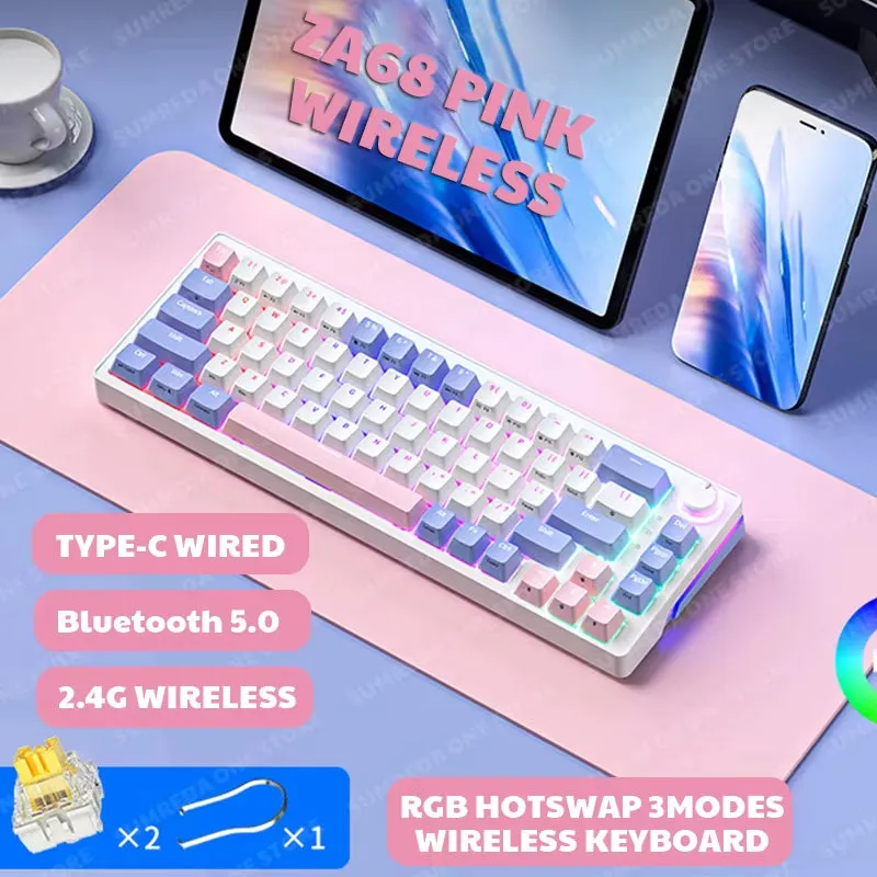 ZA68 Wireless Gamers Mechanical Keyboard 2.4G Bluetooth TYPE-C Wired 3-Mode Gaming Keyboard Hotswap RGB Backlit 68 Keys